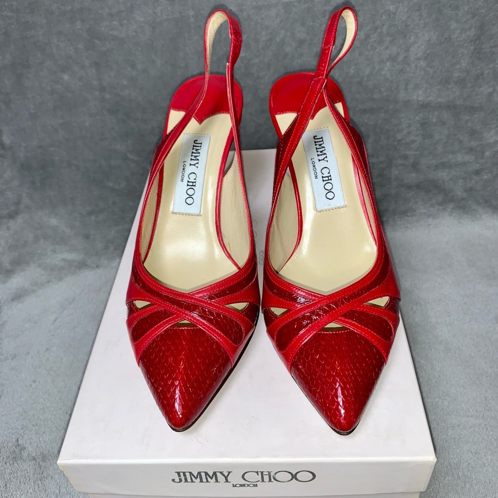 Jimmy Choo Red Water Snakeskin Leather Diva Slingback Heels Pumps Sz 6.5/36.5